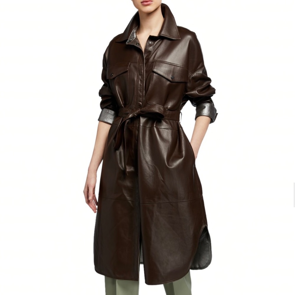 NWT Brunello Cucinelli brown leather button front size IT 42 medium